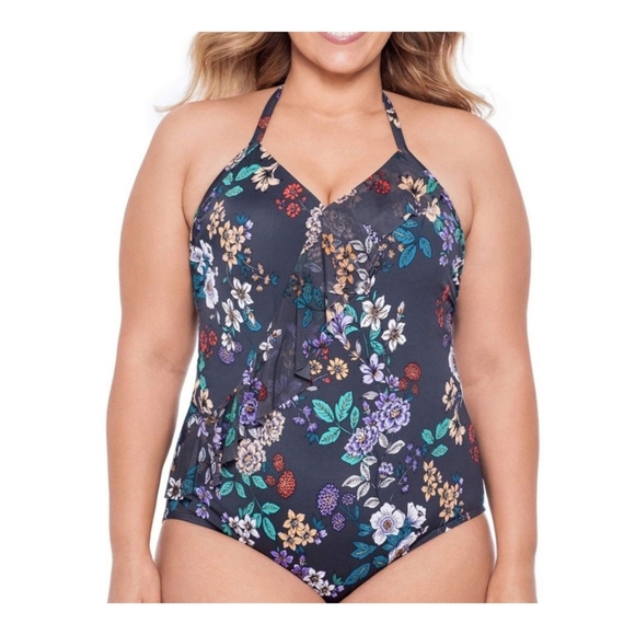 NWT Time and Tru Missy Floral One-Piece Swimsuit Large 12-14 - Picture 1 of 6